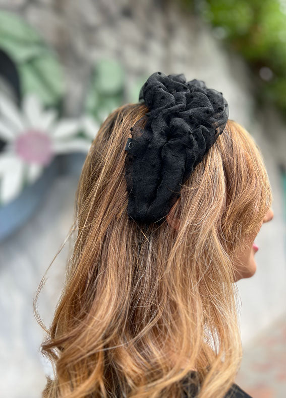 Wide Renee Headband, Black Embroidered Dots