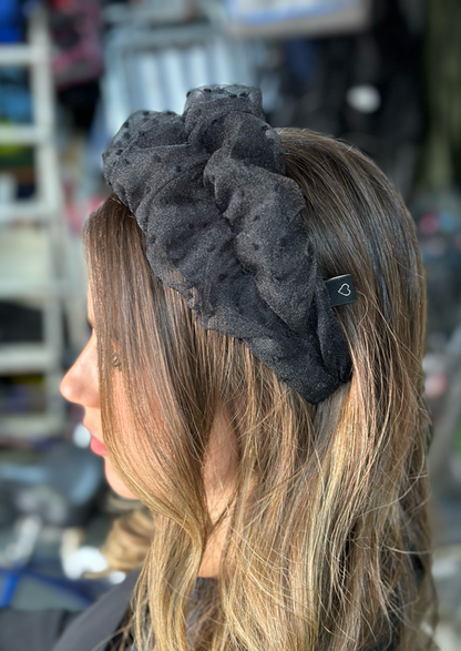 Medium Renee Headband, Black Embroidered Dots