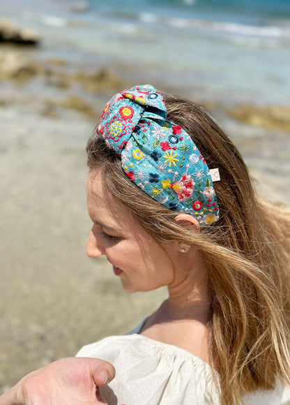 Wide Suf Headband, Floral Turquoise