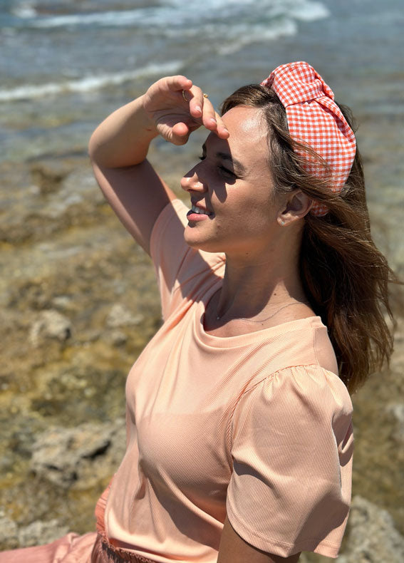 Wide Suf Headband, Orange Checkered