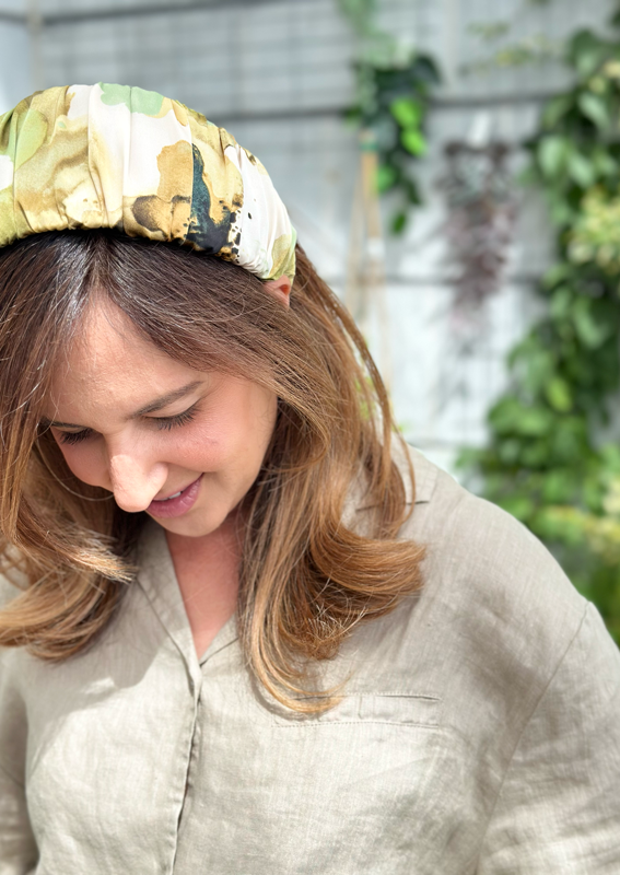 Wide Mila Headband, Printed Green &amp; Beige