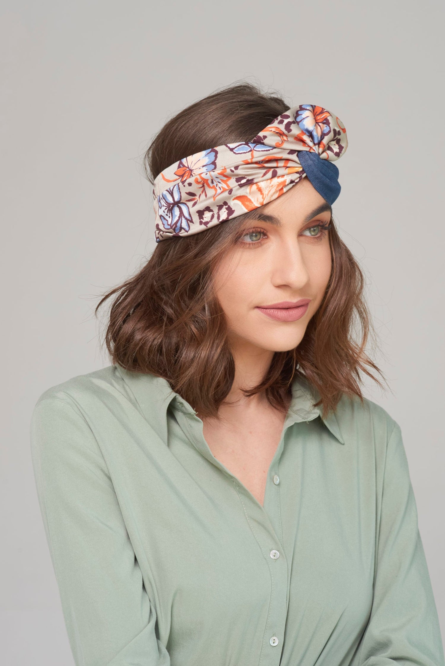 Velcro Lotus Headband, Denim Patterned Mix