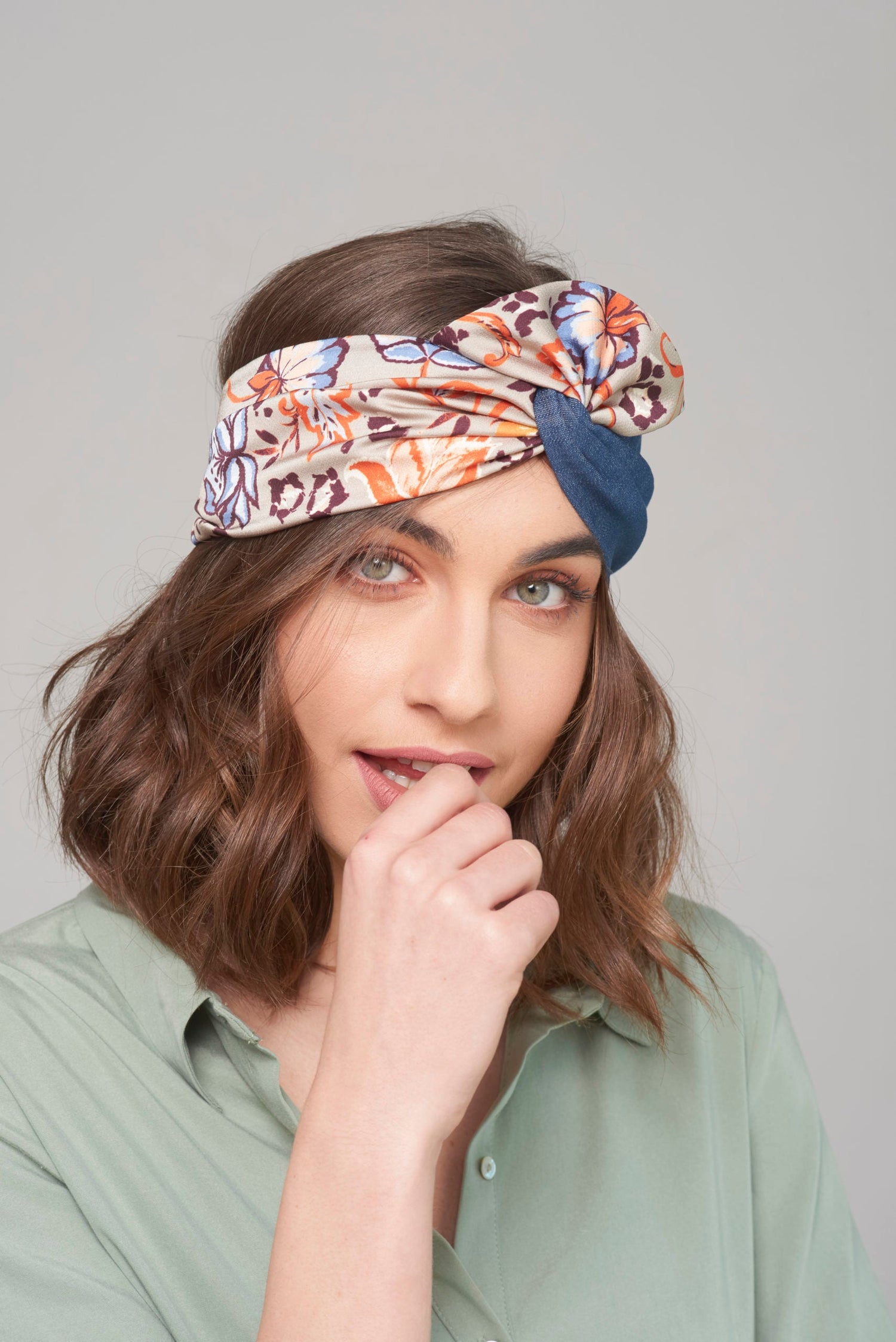 Velcro Lotus Headband, Denim Patterned Mix