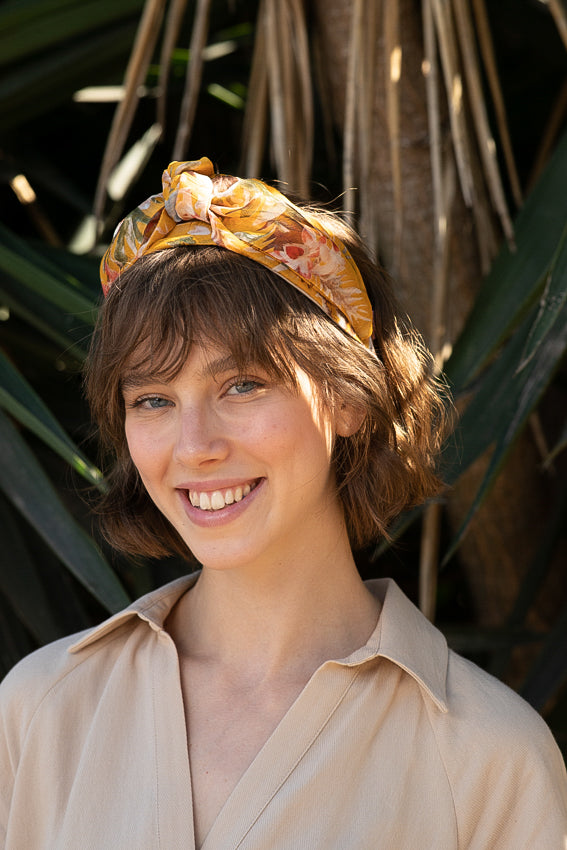 Wide Maia Headband, Floral Mustard Yellow