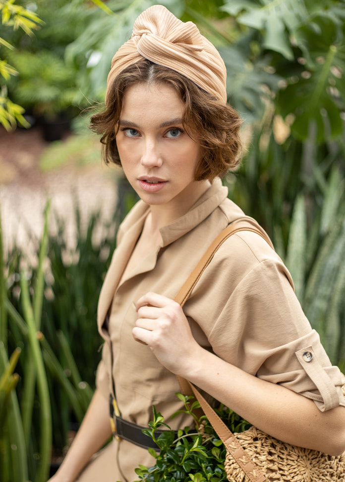 Wide Velcro Lotus Headband, Pleated Nude