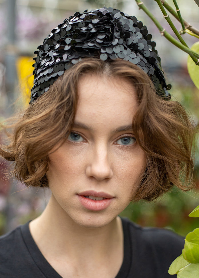 Wide Zoe Headband, Black Sequin