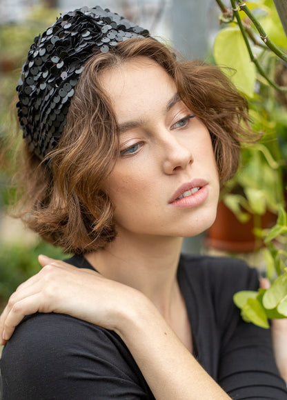 Wide Zoe Headband, Black Sequin