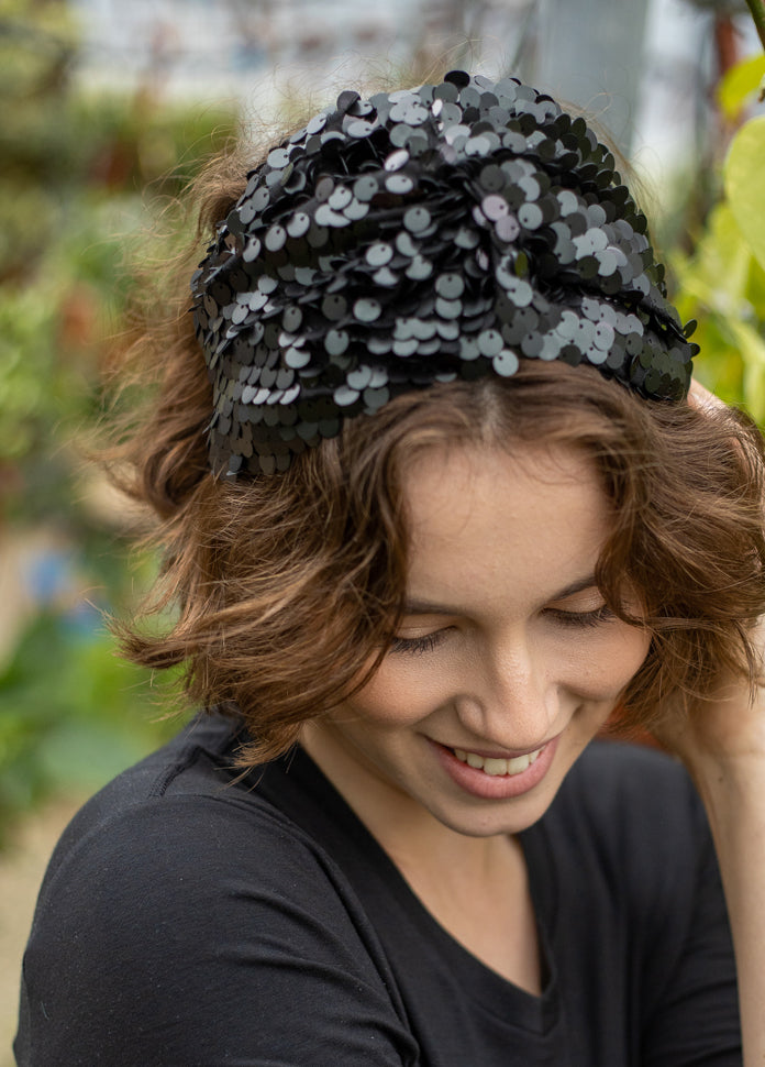 Wide Zoe Headband, Black Sequin