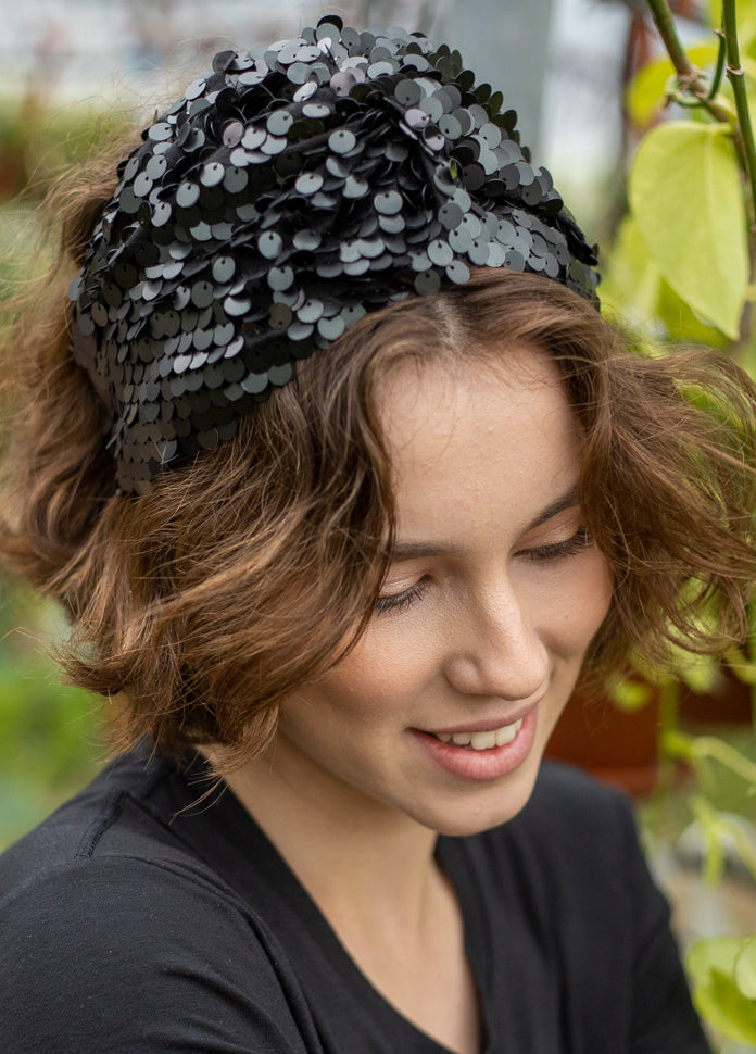 Wide Zoe Headband, Black Sequin