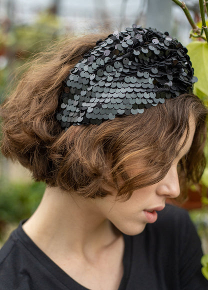 Wide Zoe Headband, Black Sequin