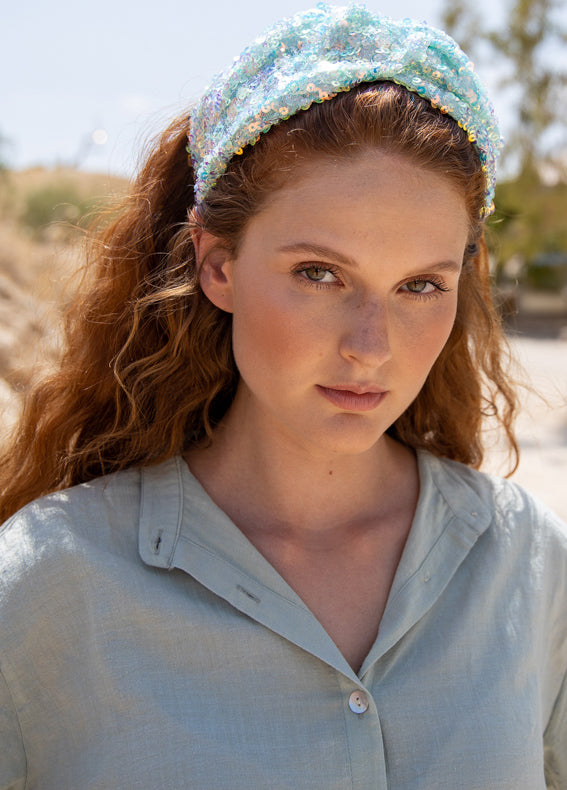 Wide Aisha Headband, Sky Blue Sequins