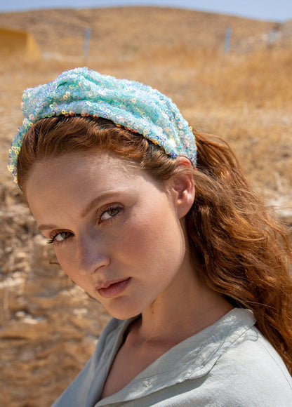 Wide Aisha Headband, Sky Blue Sequins