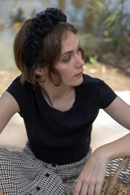 Renee Headband, Black Embroidered Dots