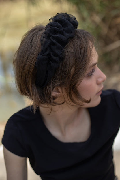 Renee Headband, Black Embroidered Dots