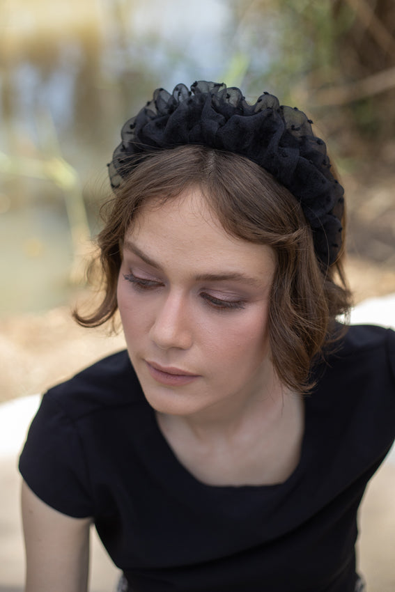 Renee Headband, Black Embroidered Dots