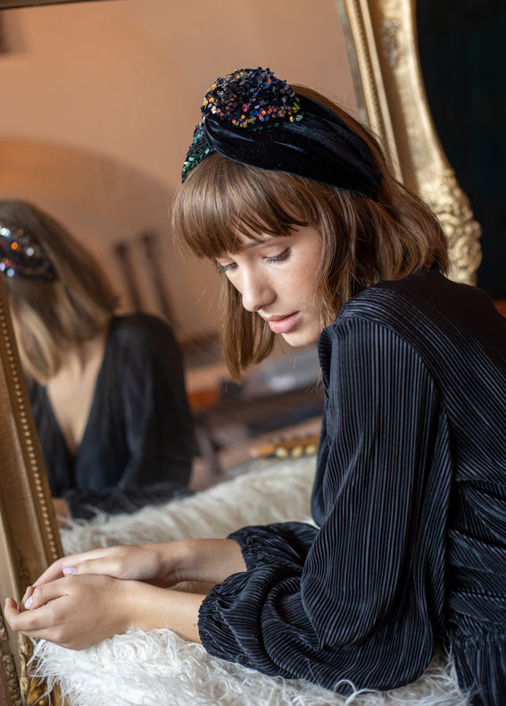 Lotus Headband, Black Sequins