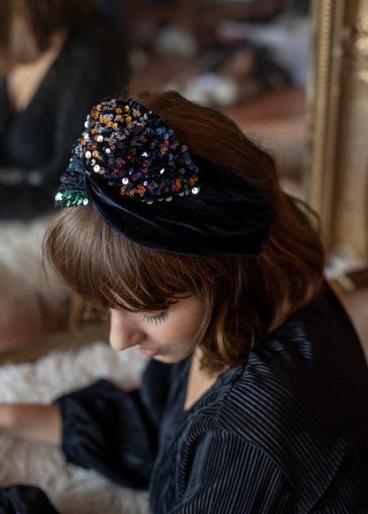 Lotus Headband, Black Sequins