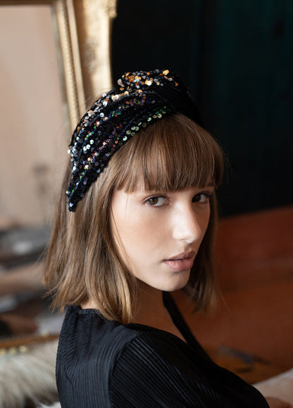 Lotus Headband, Black Sequins