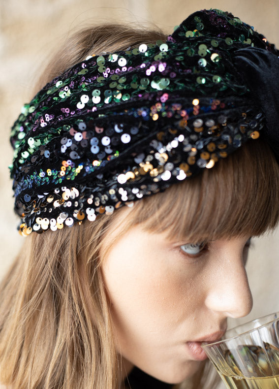 Wide Velcro Lotus Headband, Black Sequins