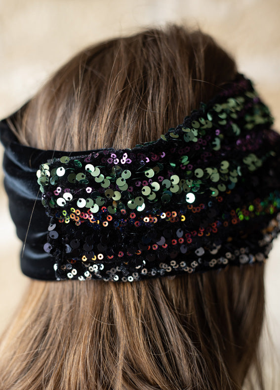 Wide Velcro Lotus Headband, Black Sequins