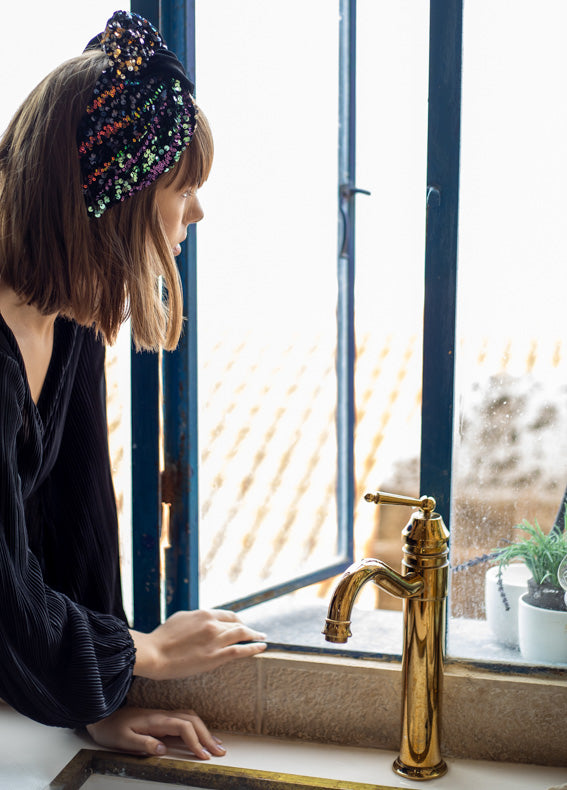 Wide Lotus Headband, Black Sequins