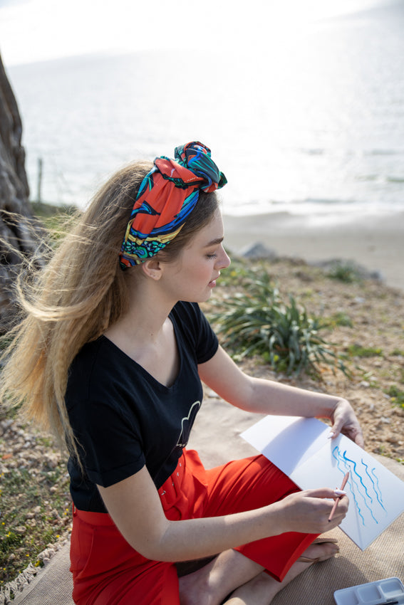 Tie-in-Back Agatha Headband, Patterned Red