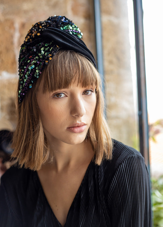 Wide Lotus Headband, Black Sequins