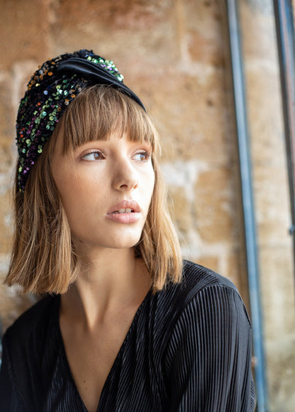 Wide Lotus Headband, Black Sequins