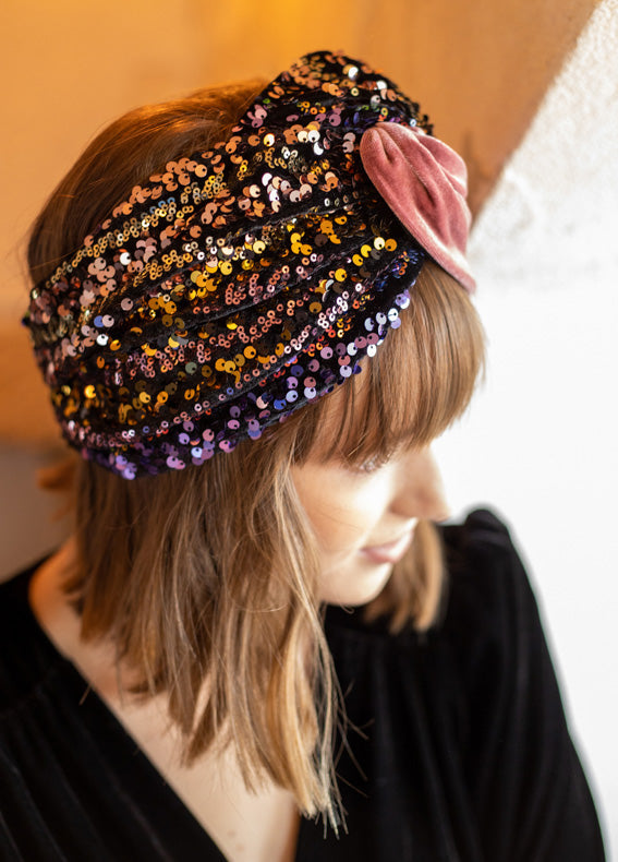 Wide Velcro Lotus Headband, Pink &amp; Black Sequins