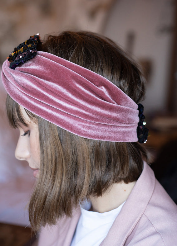 Velcro Lotus Headband, Pink and Black Sequins