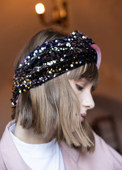 Velcro Lotus Headband, Pink and Black Sequins