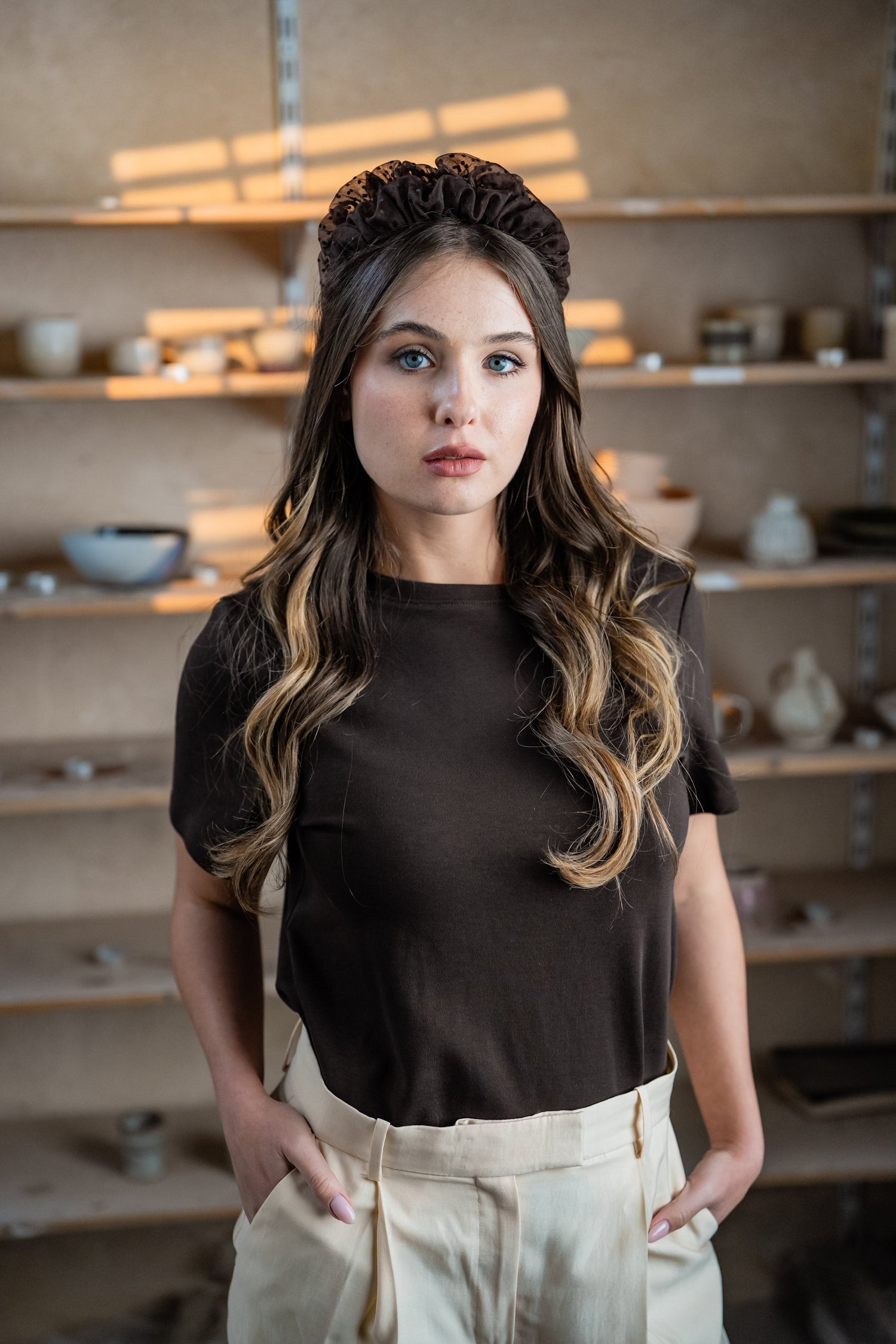Renee Narrow Brown Polka Dot Headband