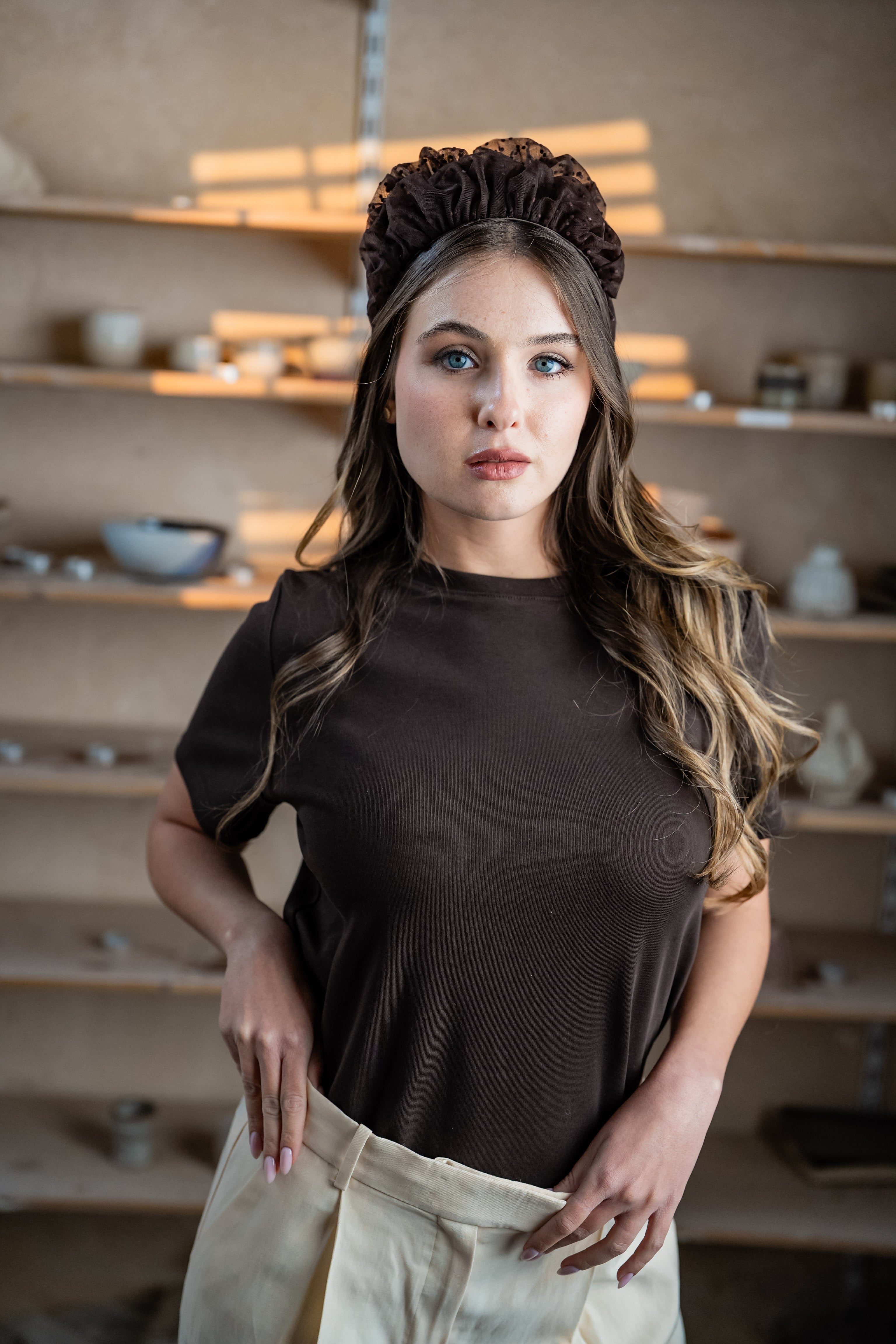 Renee Medium Brown Polka Dot Headband