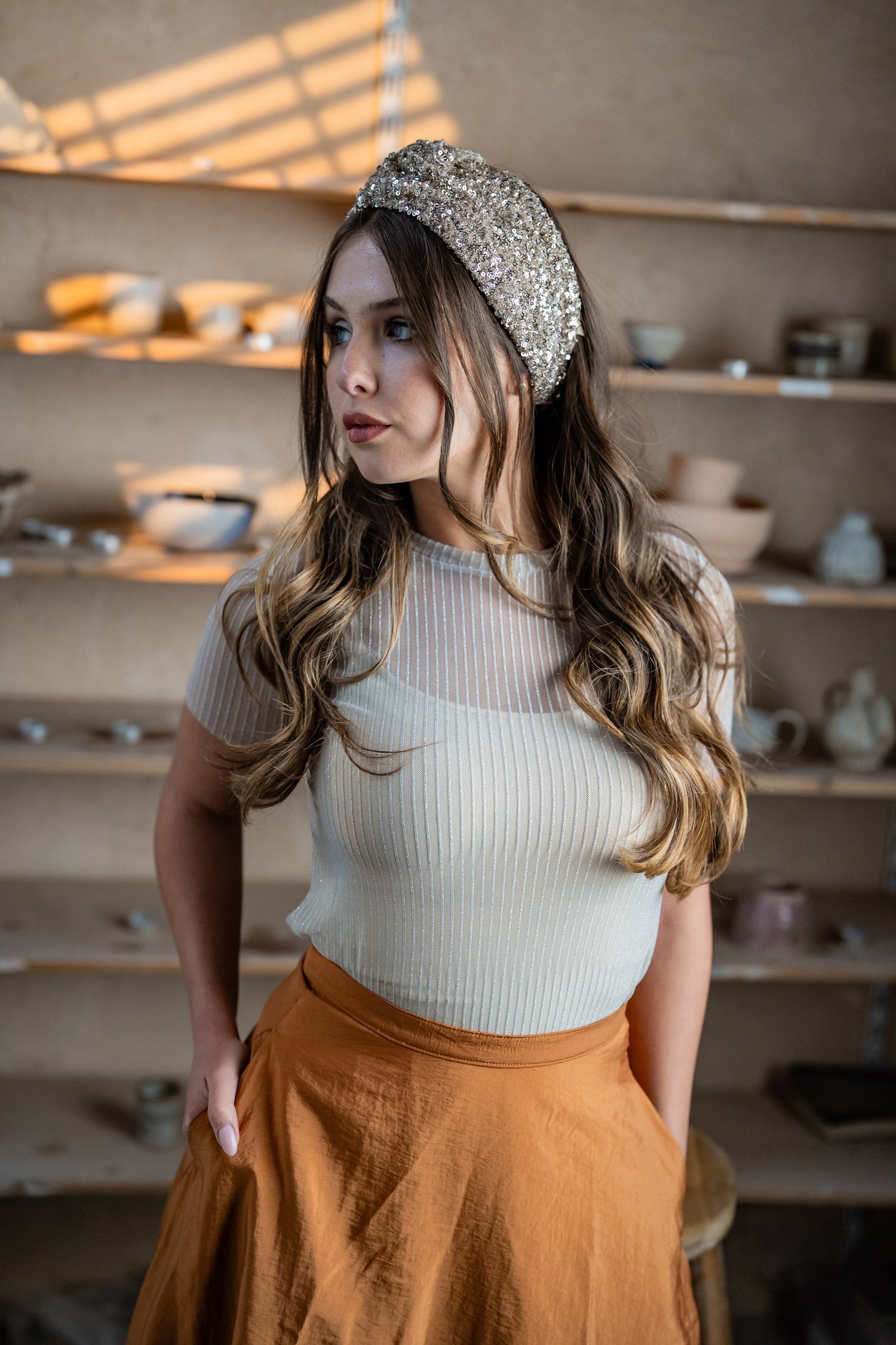 Zoe Light Silver Sequin Tie Headband