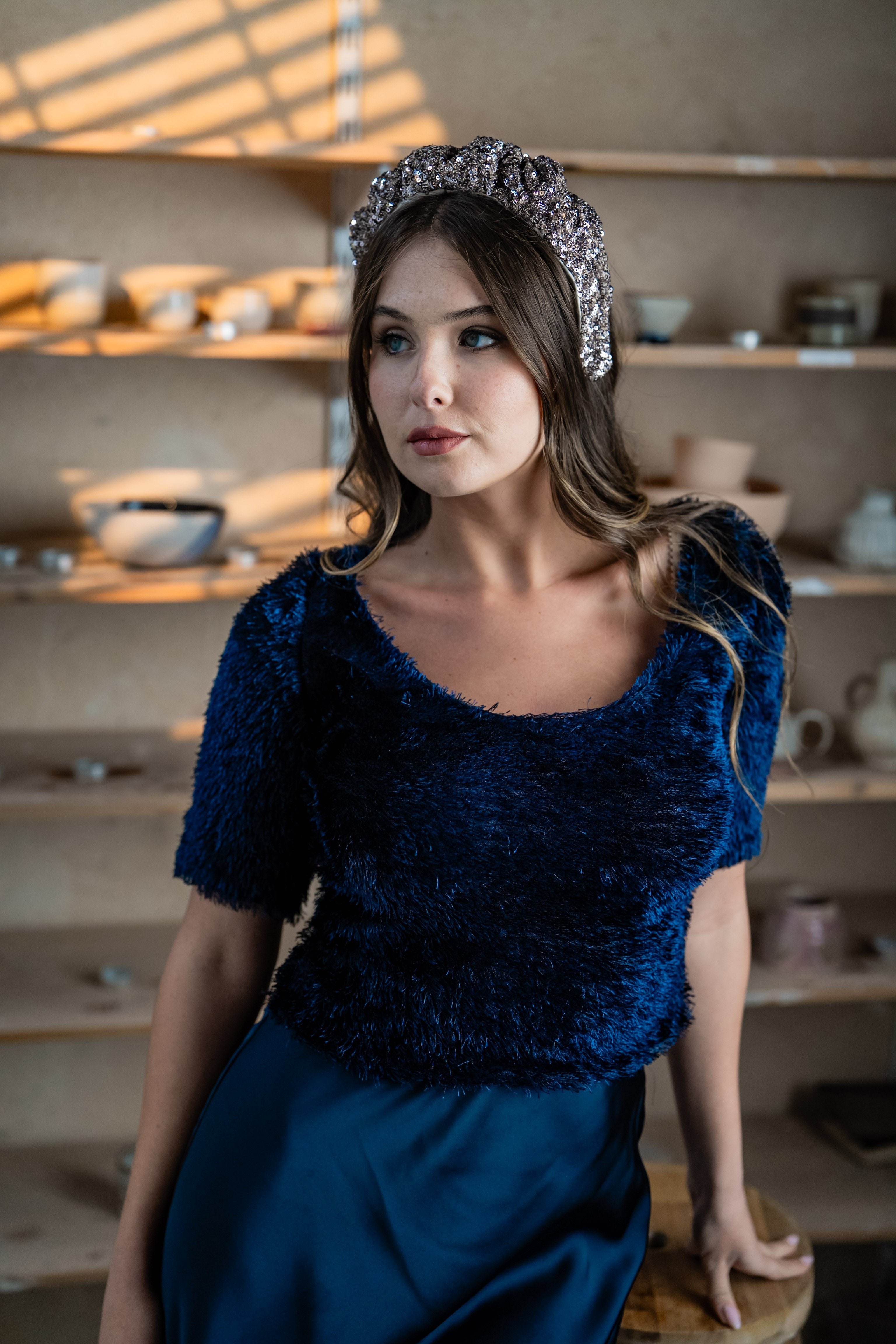 Cassia Narrow Silver Lilac Sequin Headband