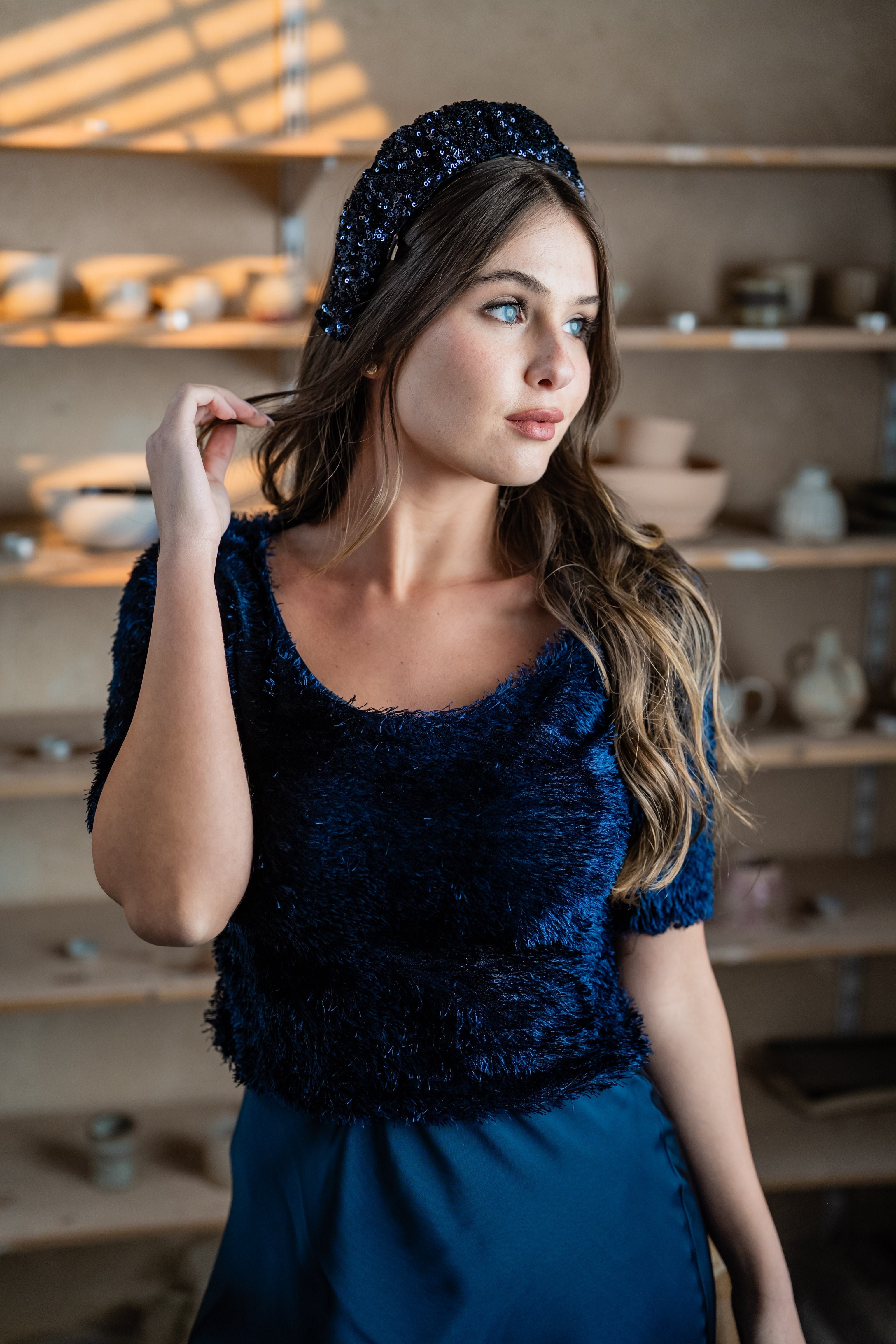 Cassia Narrow Blue Sequin Headband
