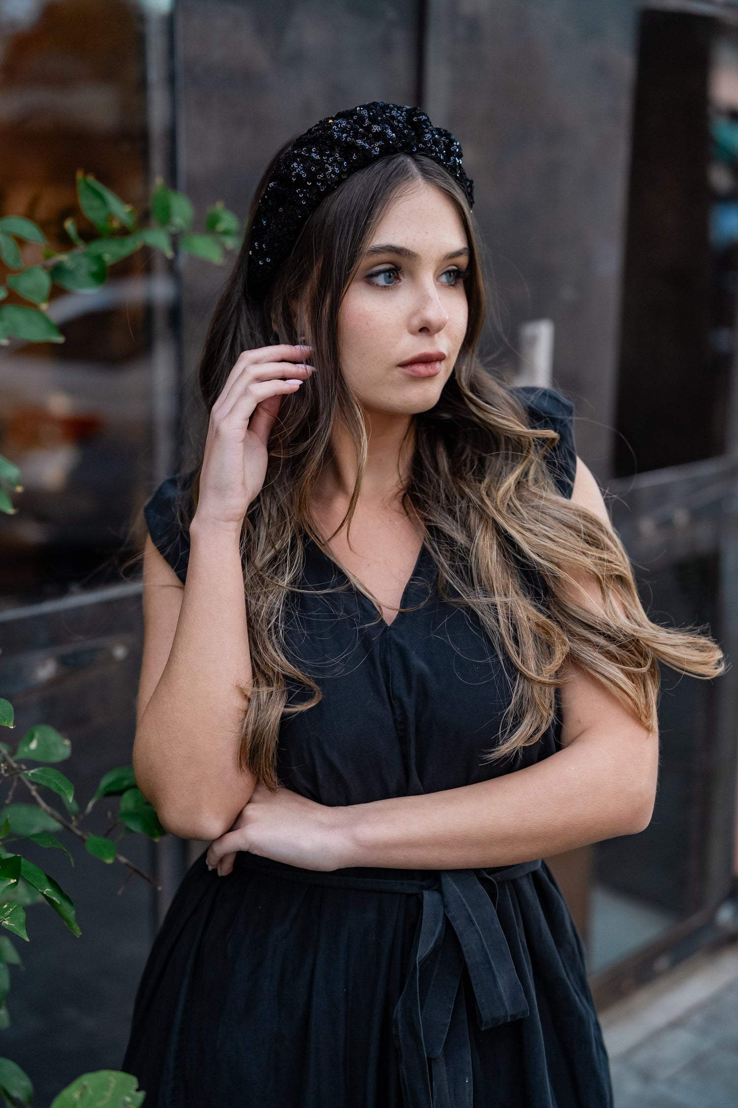 Cassia Narrow Black Sequin Headband