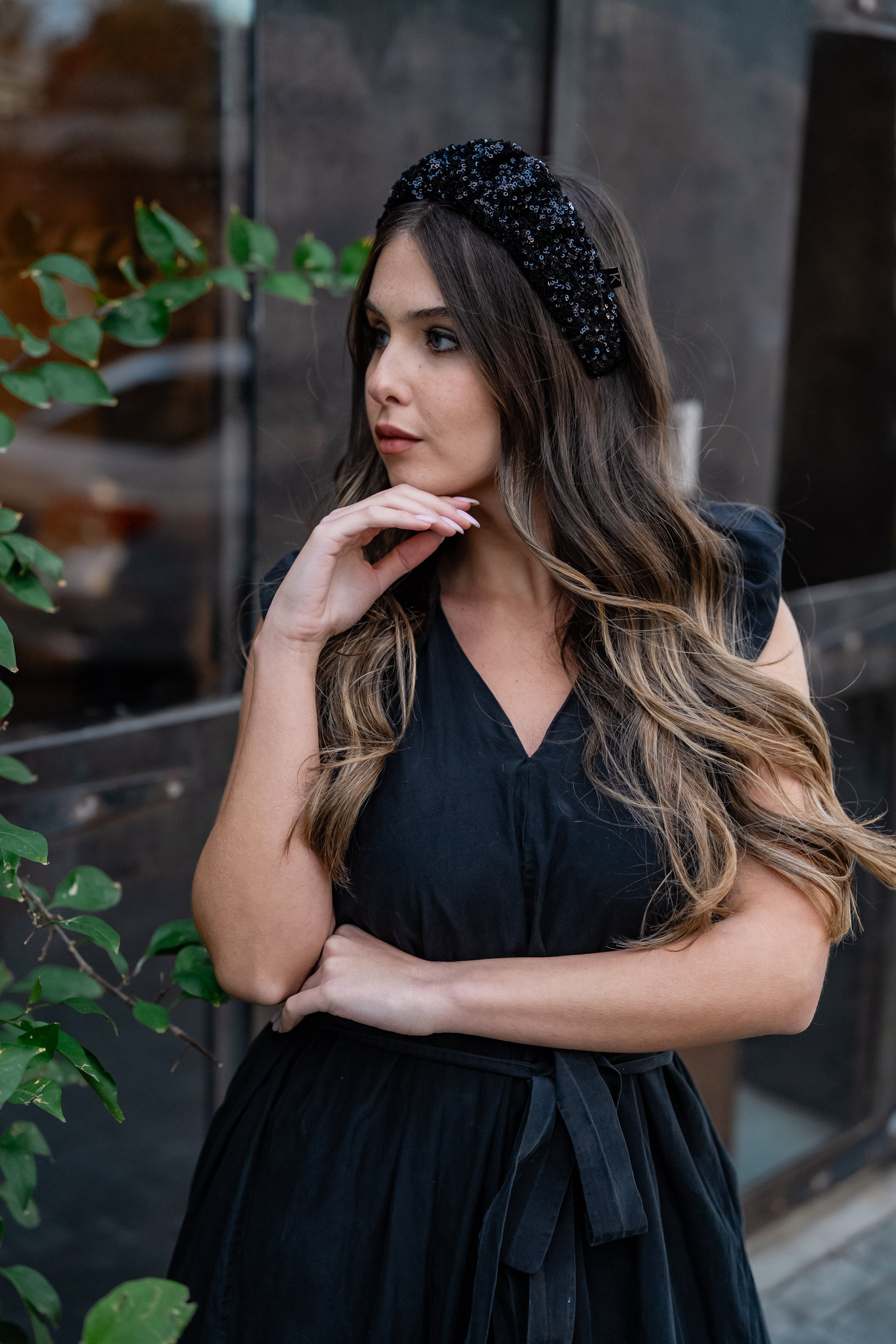 Cassia Narrow Black Sequin Headband