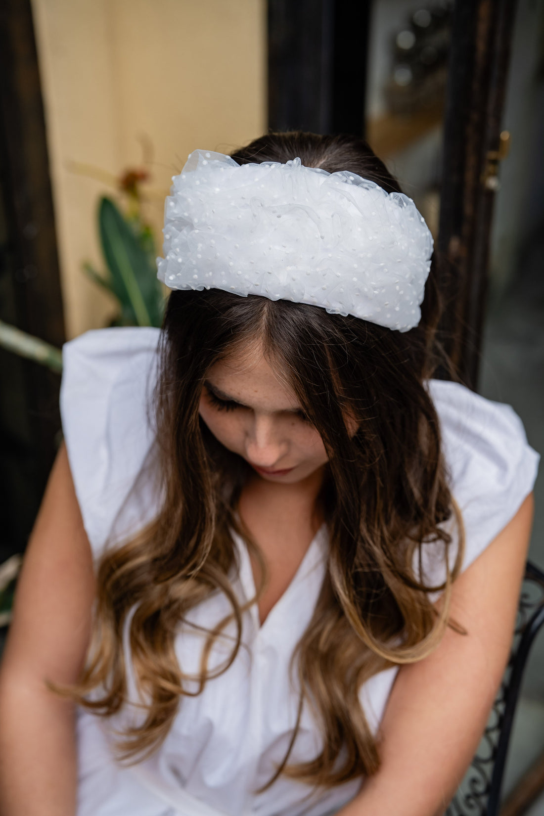 Renee Wide White Polka Dot Headband