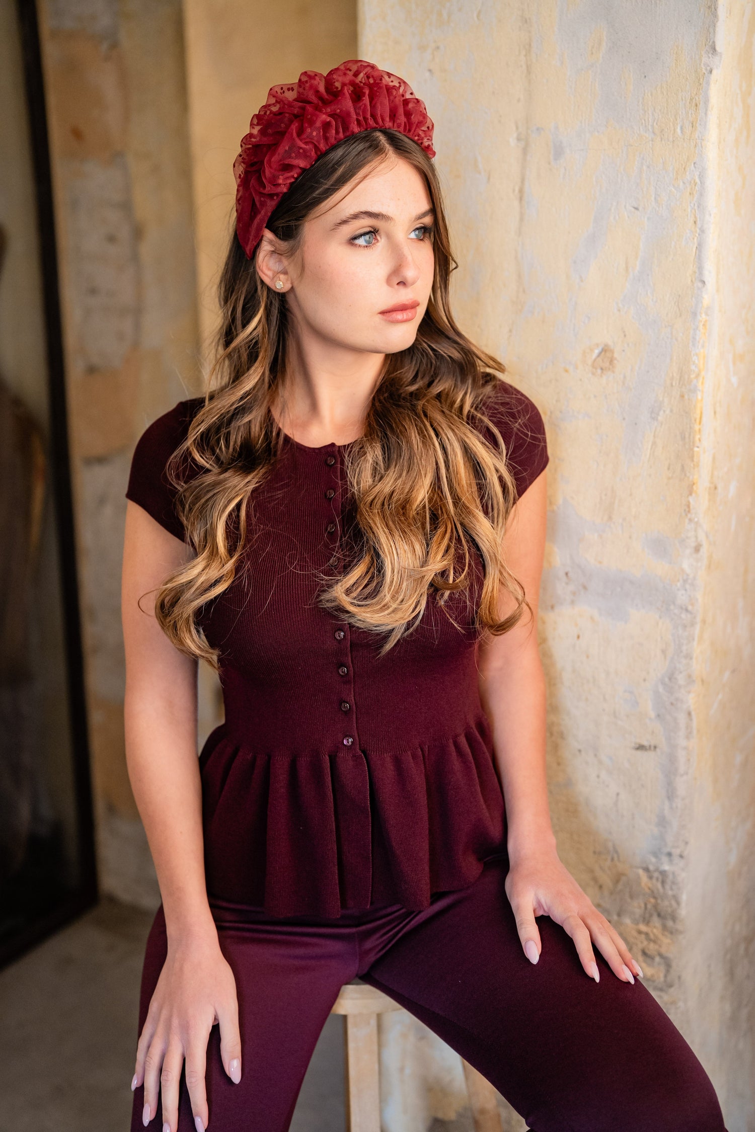 Renee Medium Burgundy Polka Dot Headband