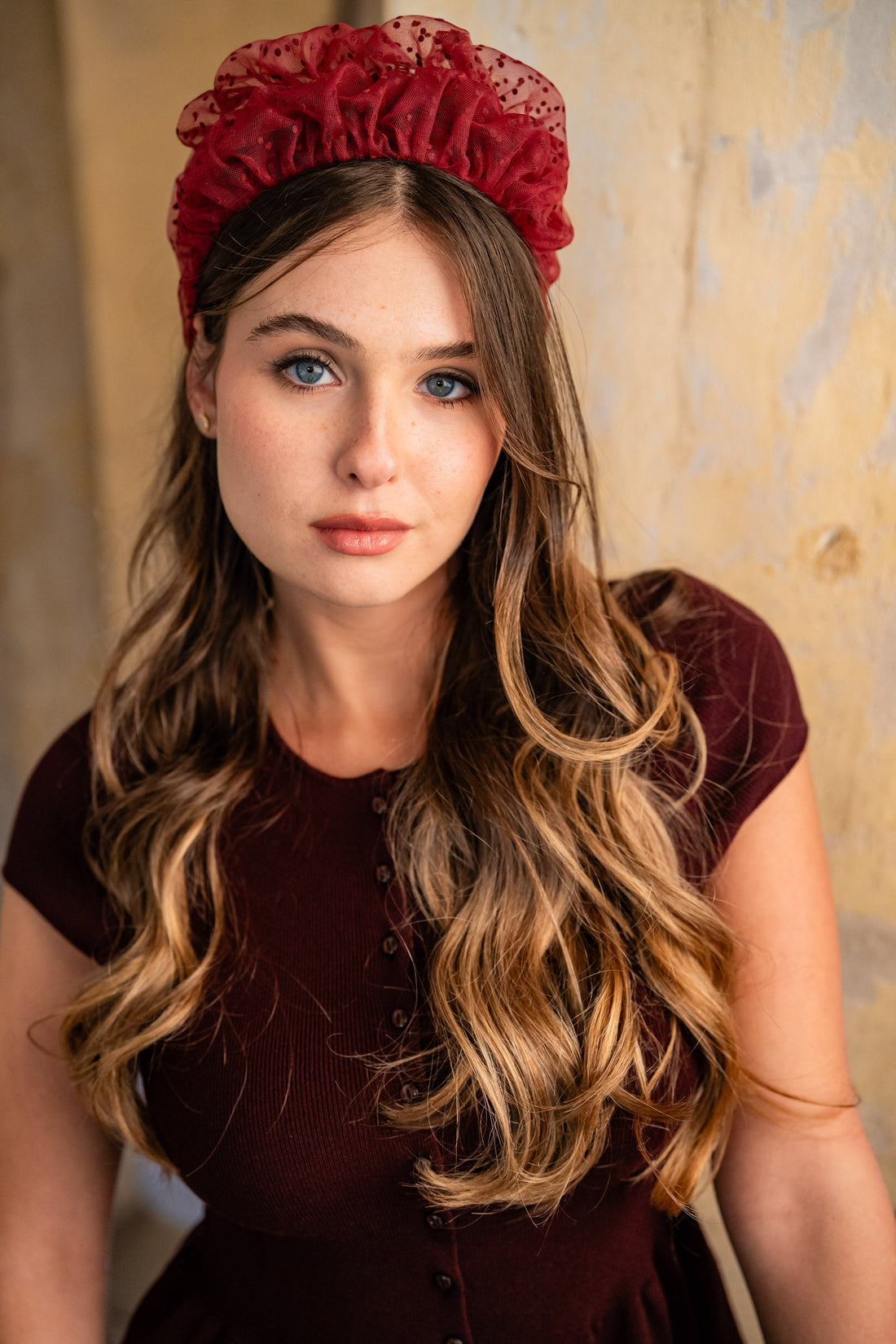 Renee Wide Burgundy Polka Dot Headband