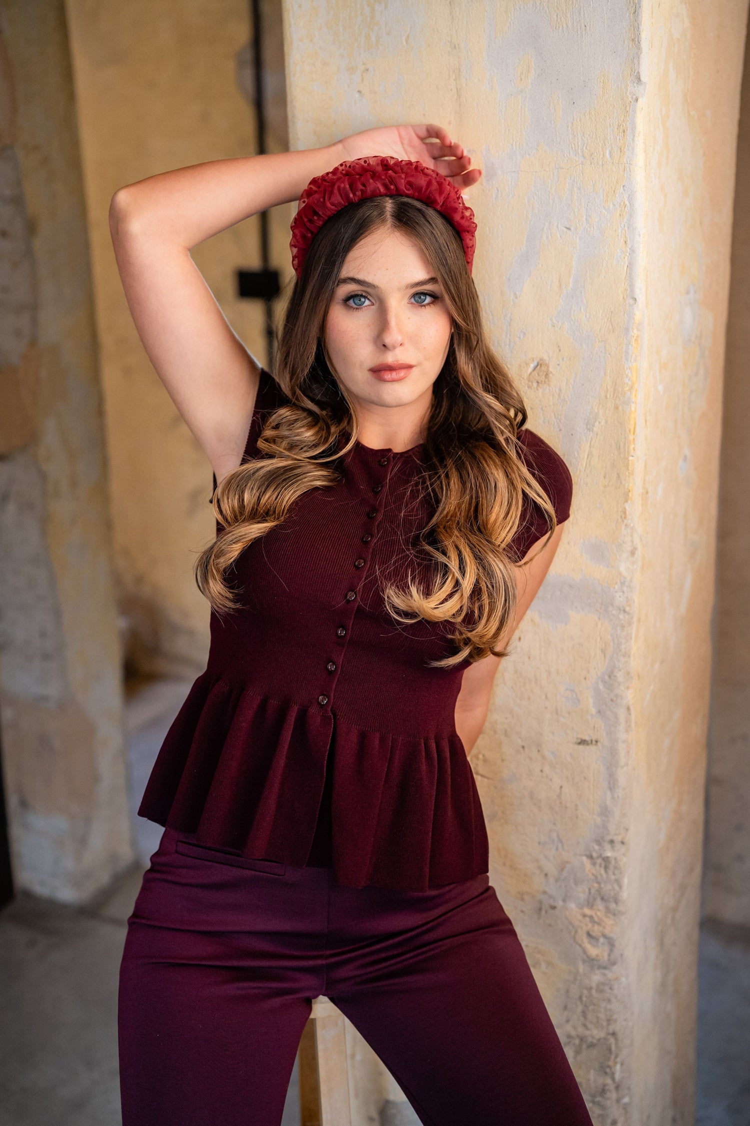 Renee Narrow Burgundy Polka Dot Headband