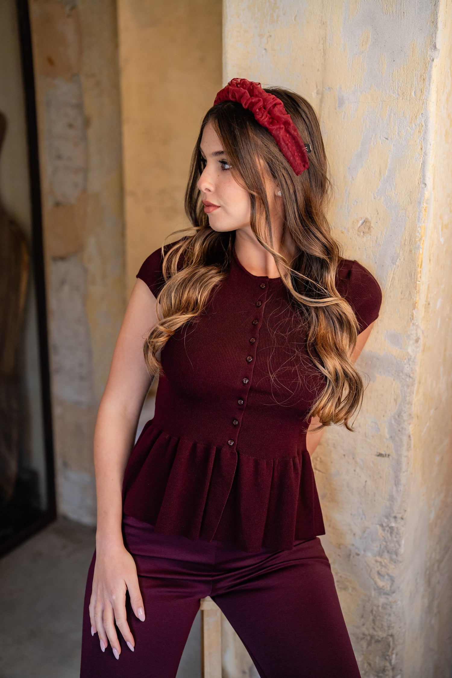 Renee Narrow Burgundy Polka Dot Headband