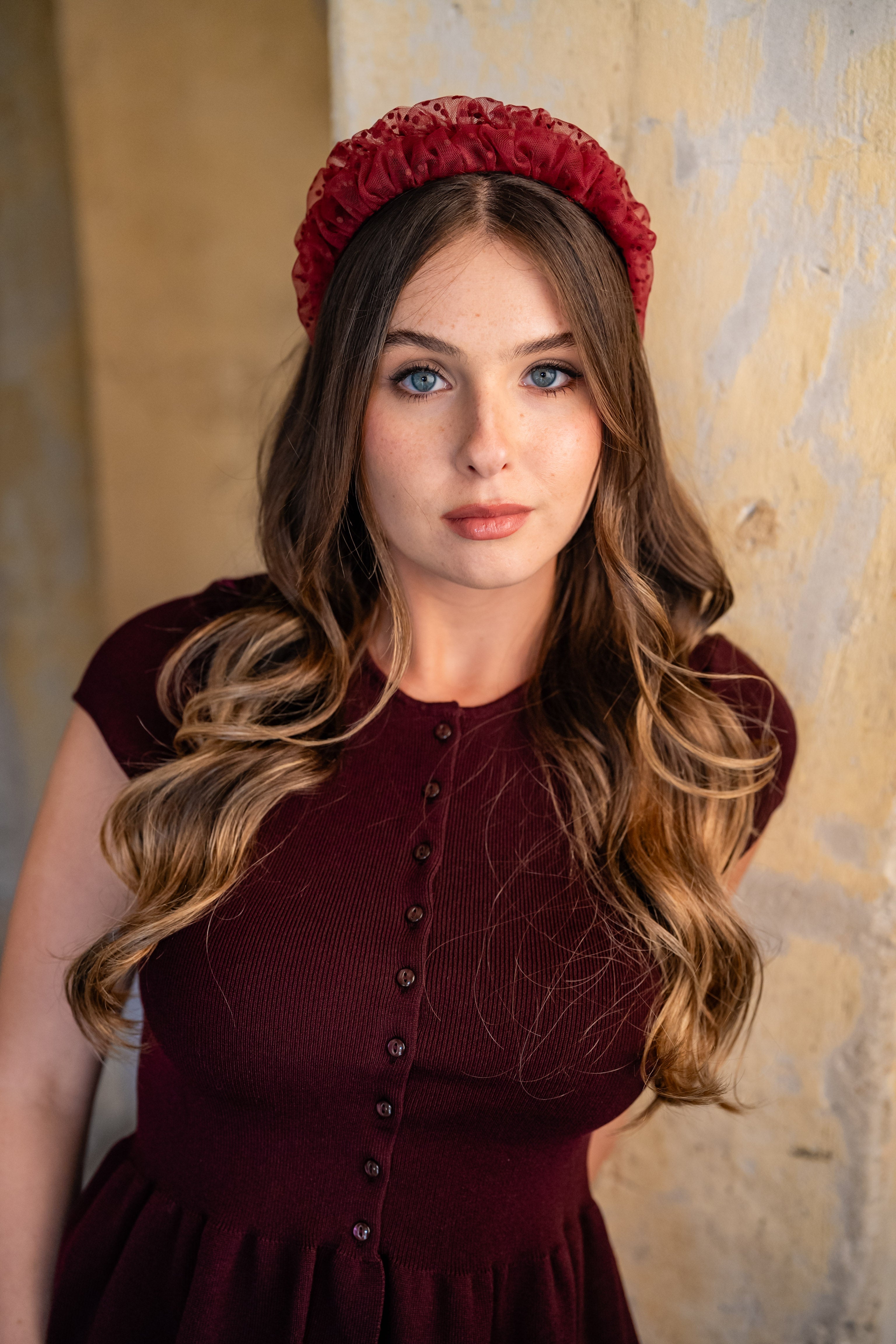 Renee Narrow Burgundy Polka Dot Headband
