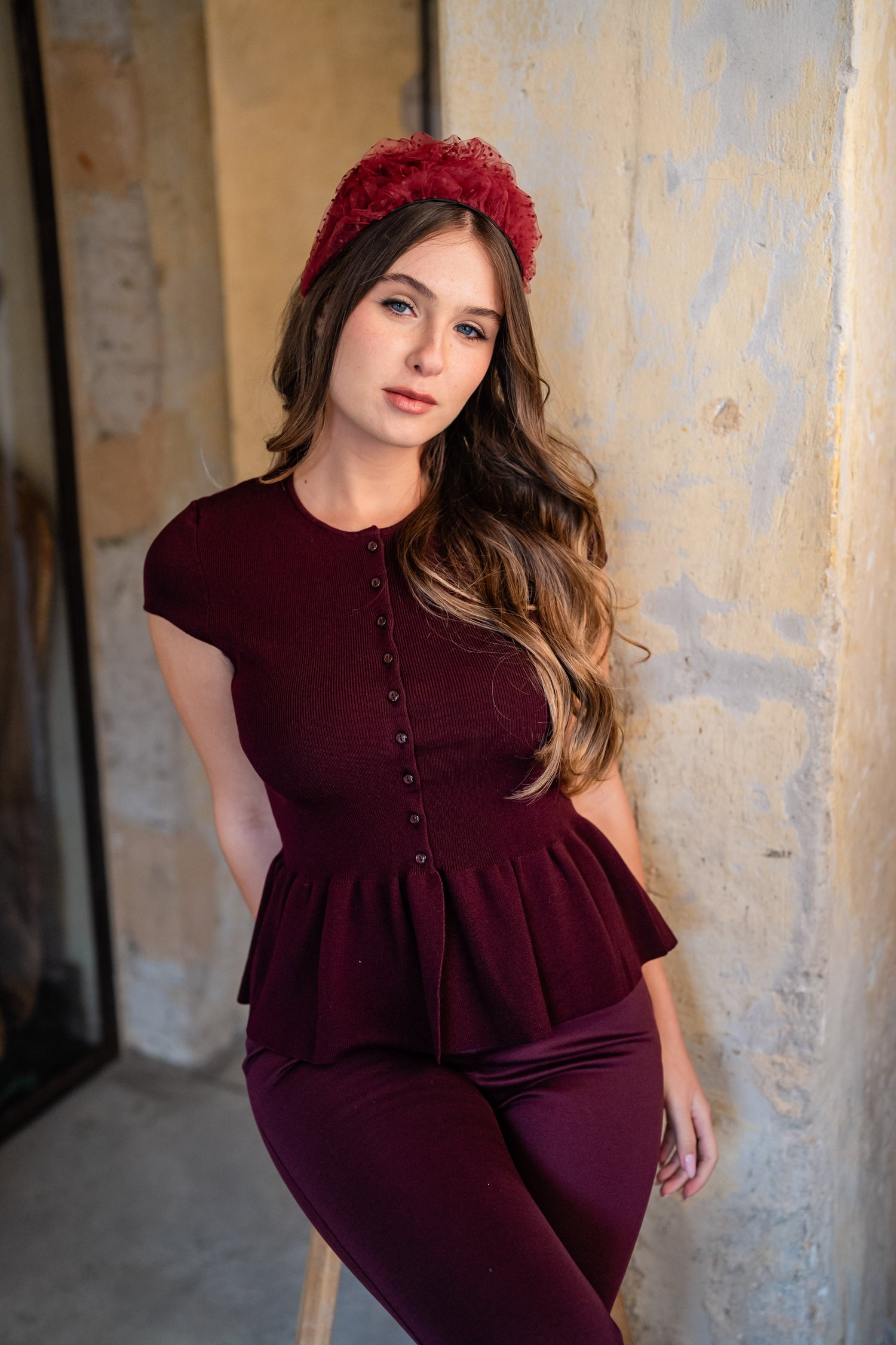 Renee Wide Burgundy Polka Dot Headband