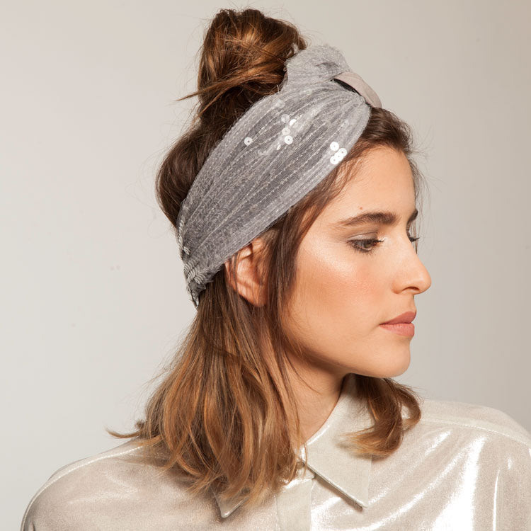 Velcro Lotus Headband, Grey &amp; Silver Sequins