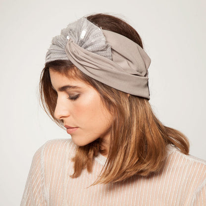 Wide Velcro Lotus Headband, Grey &amp; Silver Sequins