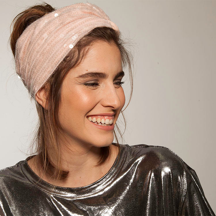 Wide Velcro Lotus Headband, Pink &amp; Nude Sequins